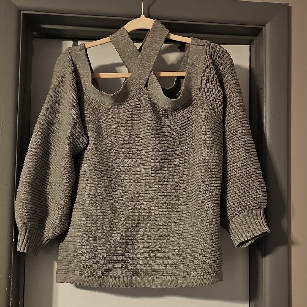 Eloquii Gray Off-the-Shoulder Sweater with Cross Back